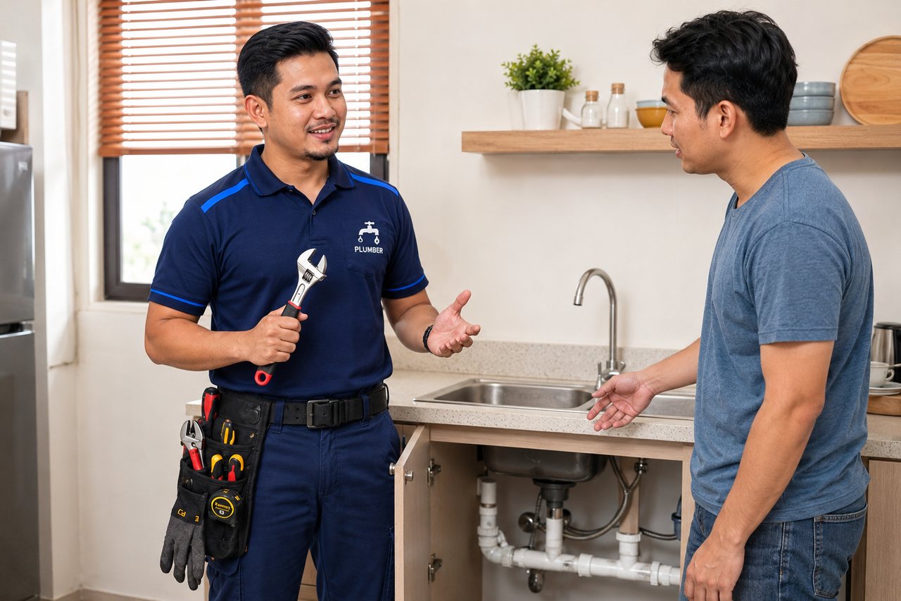Juruteknik menerangkan skop kerja kepada pelanggan